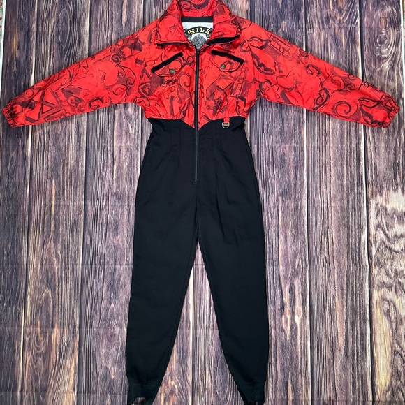 Skiing Onesie For Women Ski Suit Slim Fit REMBRA Black With Red